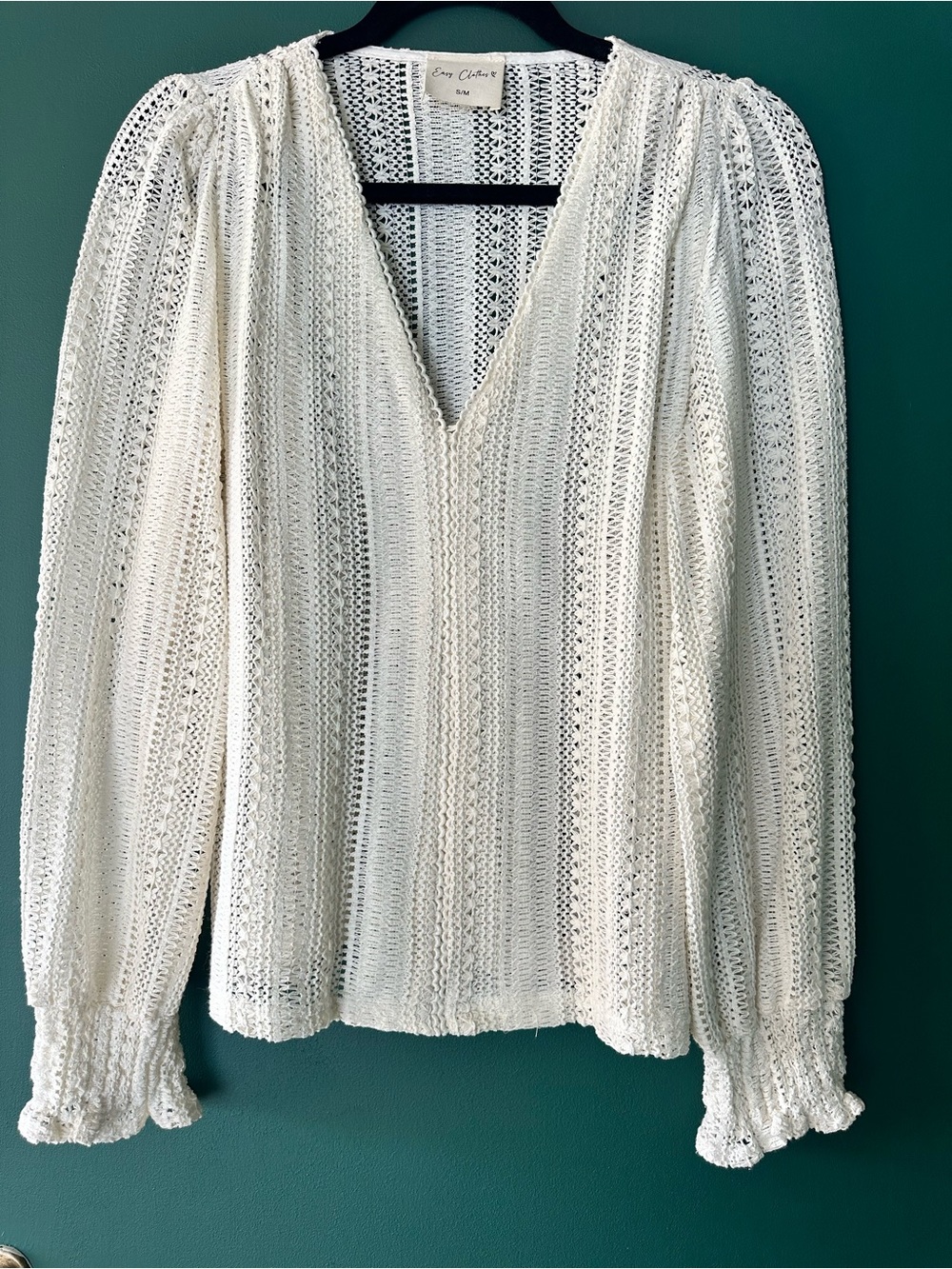Eyelet Knit V-Neck Blouse in Cream